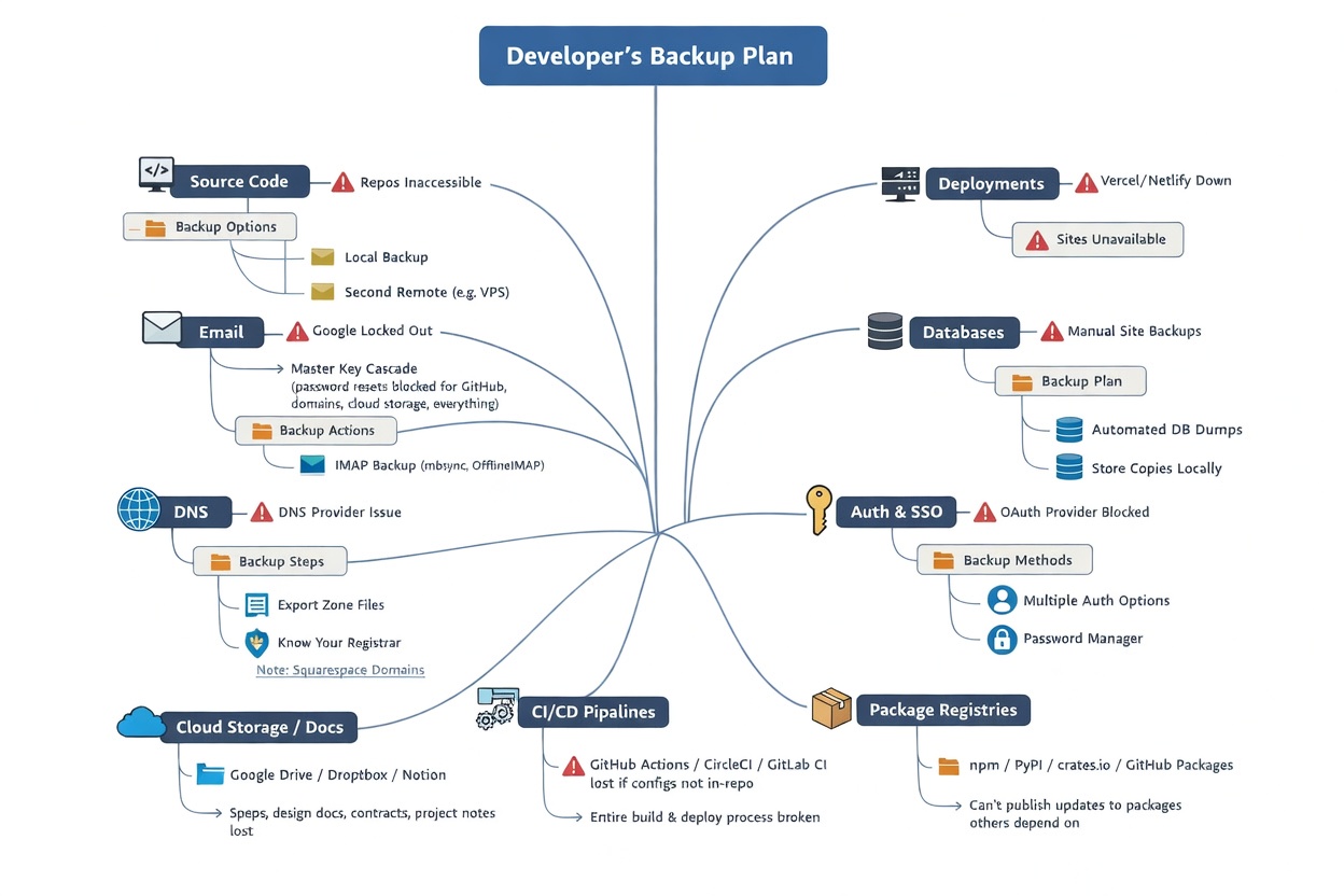 Developer's Backup Plan — mind map showing 10 dependency categories (source code, email, DNS, auth, domains, deployments, databases, secrets, CI/CD, package registries) with risks and backup actions for each