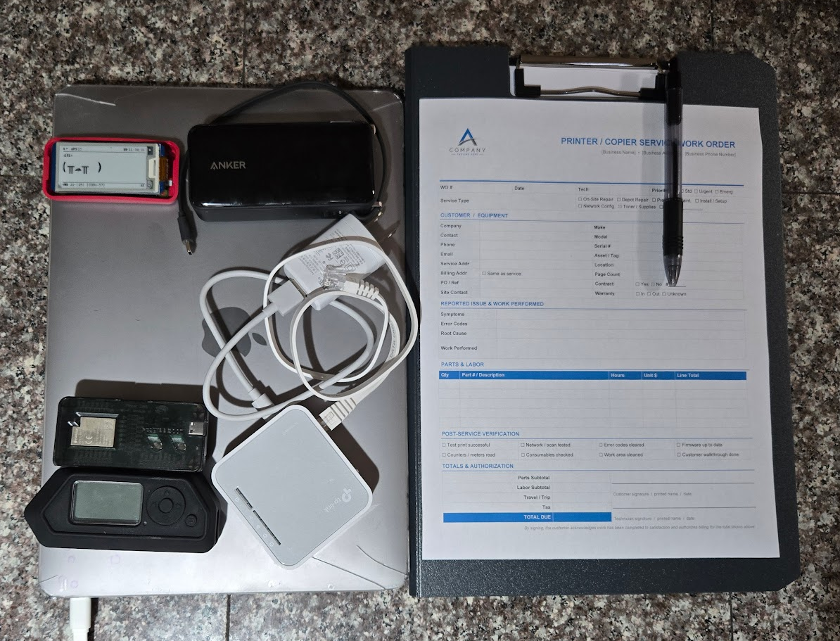 Physical pentest loadout: laptop, Flipper Zero, Anker battery pack, charging brick with Ethernet cables, Raspberry Pi running Pwnagotchi, a TP-Link AC750 travel router, and a clipboard with a printer/copier Work Order template.